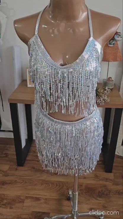 Conjunto Feminino Carnaval com Franjas e Paetês Brilho Intenso Bloquinho